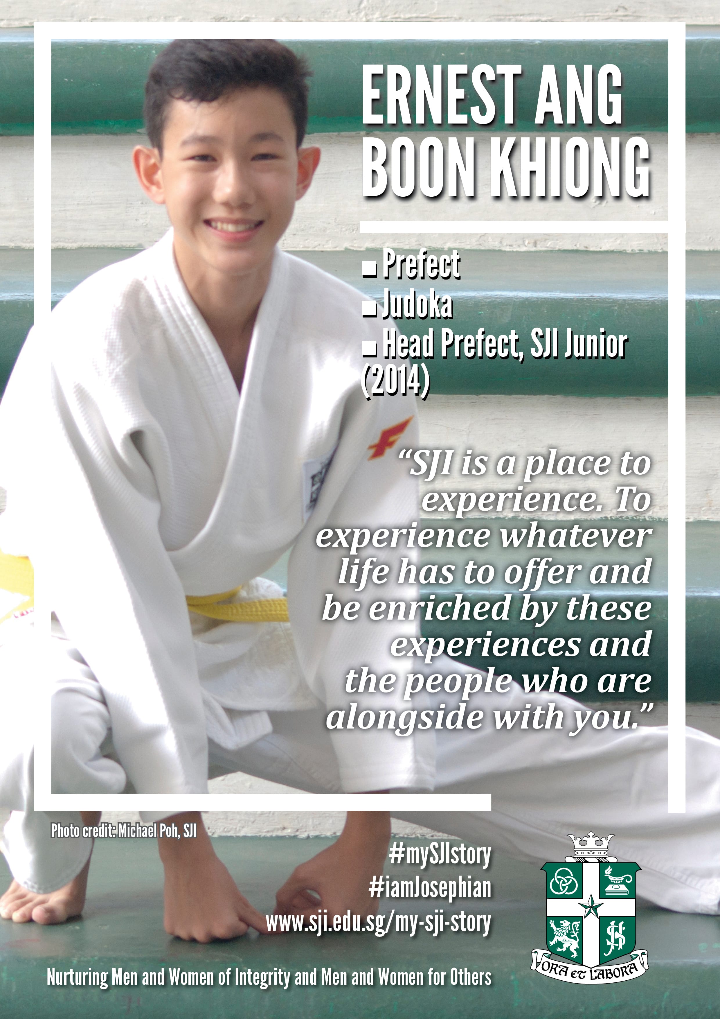 A smiling boy in a white judo uniform with a yellow belt kneels on a green floor in a promotional poster.